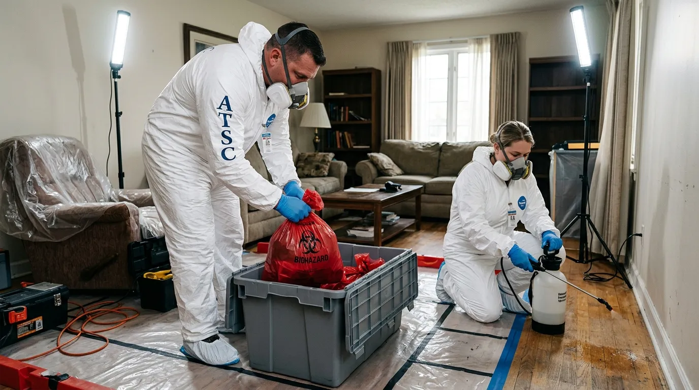 Professional Hoarding Cleanup technician in full PPE working in Flat River